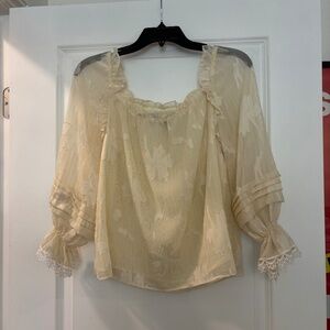 Strut and Bolt Cream Sheer Lace Off the Shoulder Blouse.